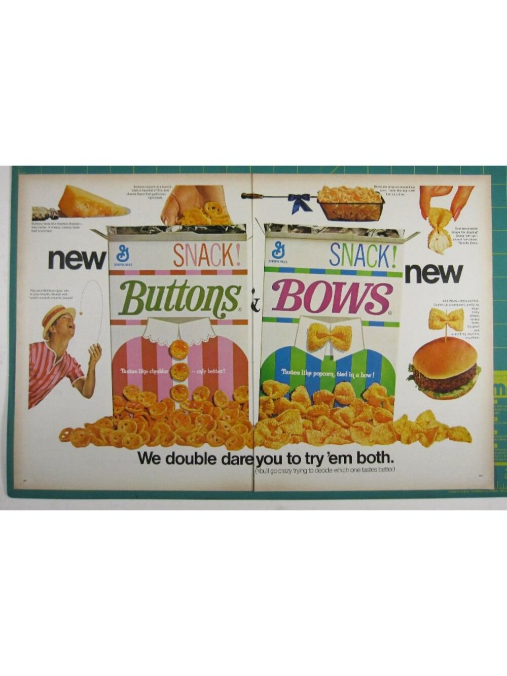 Print Ad General Mills Buttons & Bows Snacks Cheddar Popcorn Treats 2 PG 1960s